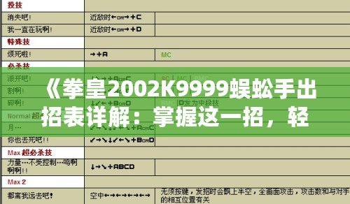 《拳皇2002K9999蜈蚣手出招表詳解：掌握這一招，輕松制敵》